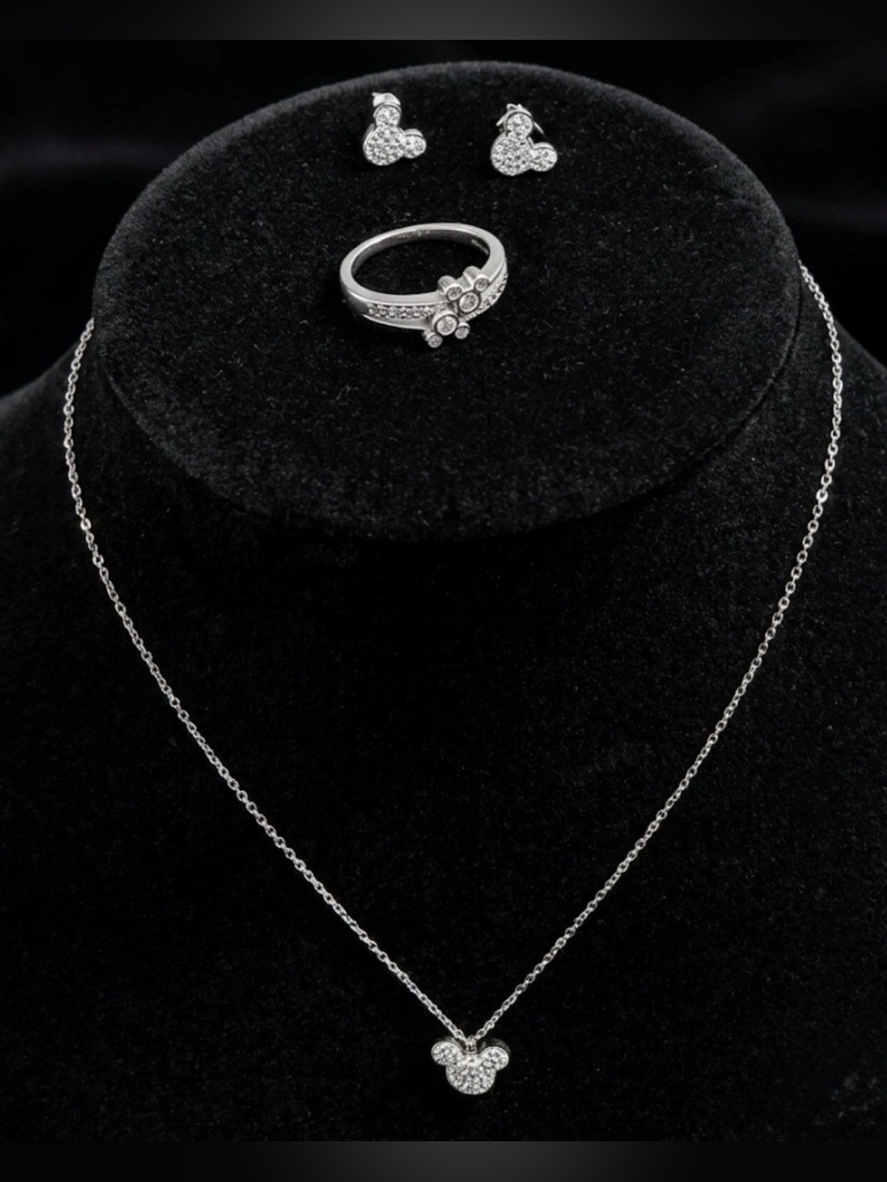 Disney Mickey Mouse 925 Sterling CZ Ring necklace and earrings set